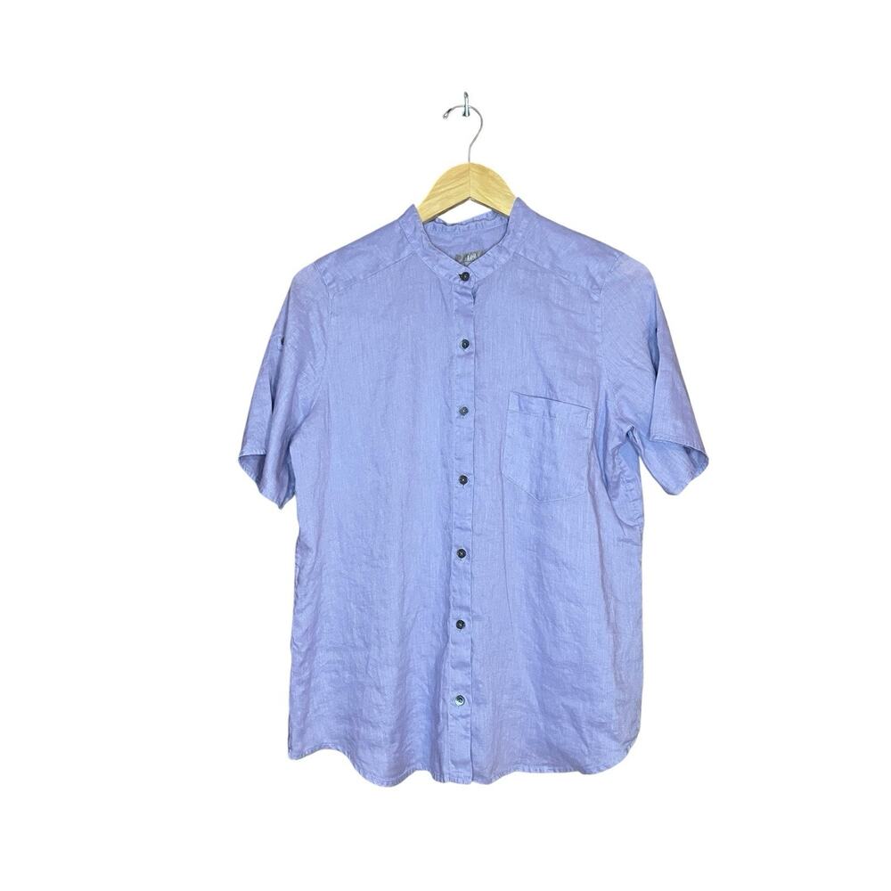 J Jill Lavender 100% Linen Button Up Short Sleeve Shirt Medium Lagenlook